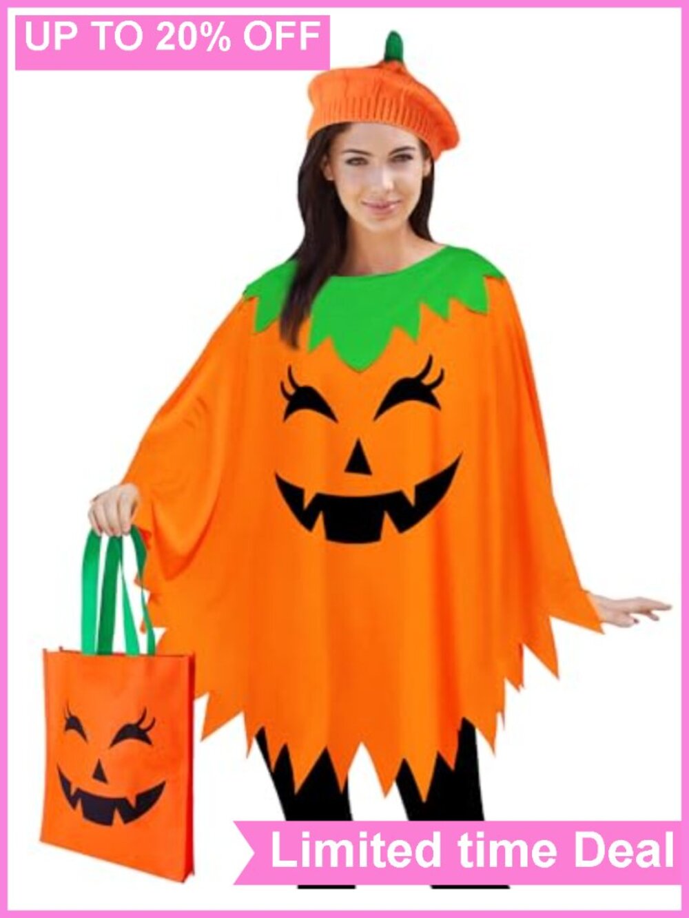 Pumpkin Poncho Costume Set Adult Women Halloween Knit Beret Candy Bag